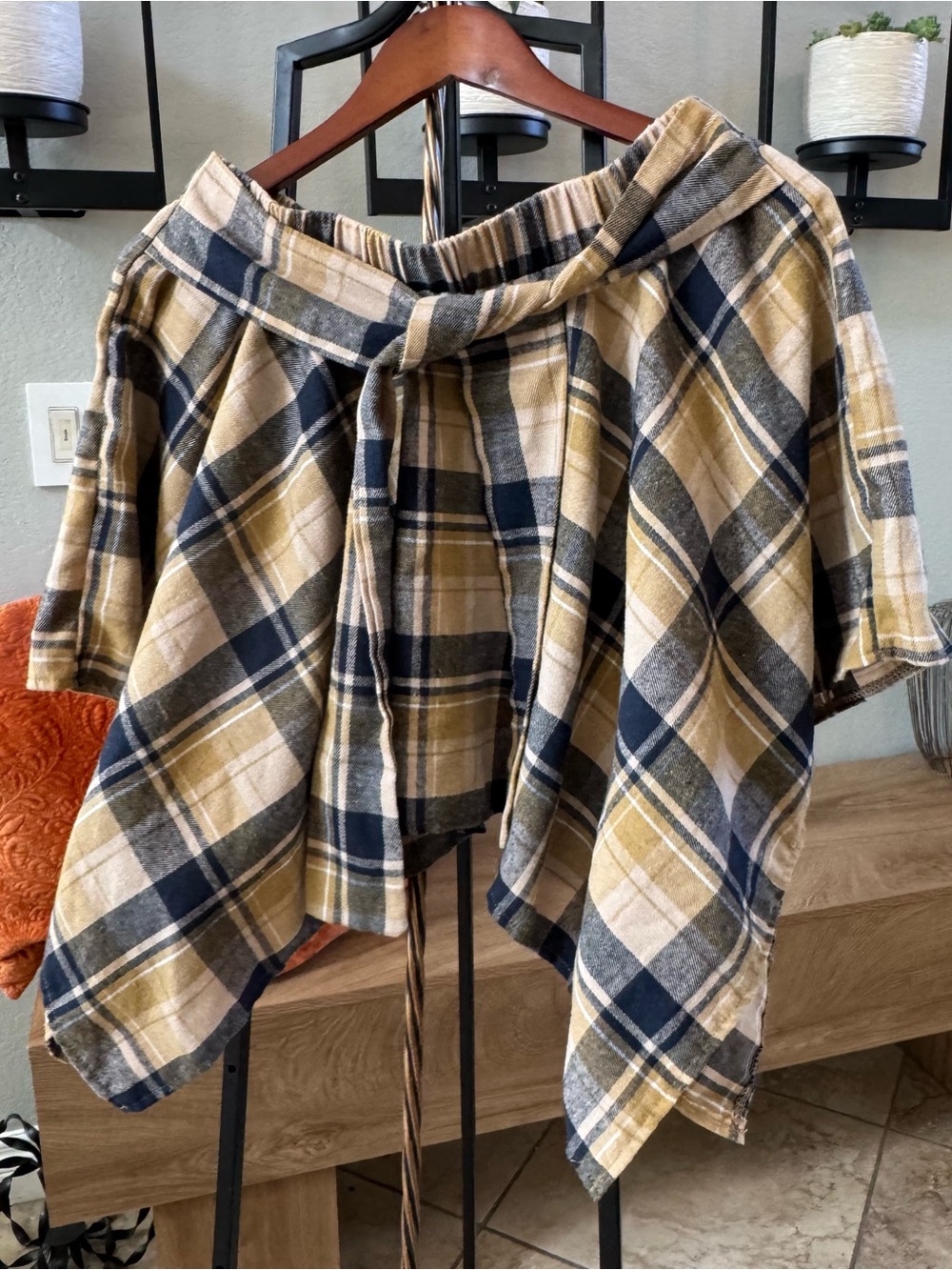 SHEIN Plaid Poncho Top in Navy and Mustard